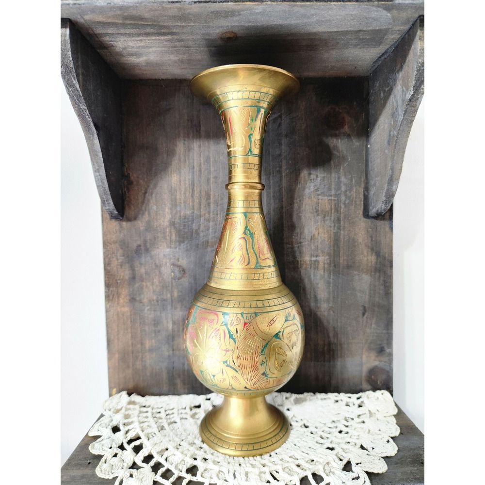 Vintage Etched Brass Bud Vase Red Green Enamel Floral Design 10 Inch India Boho
